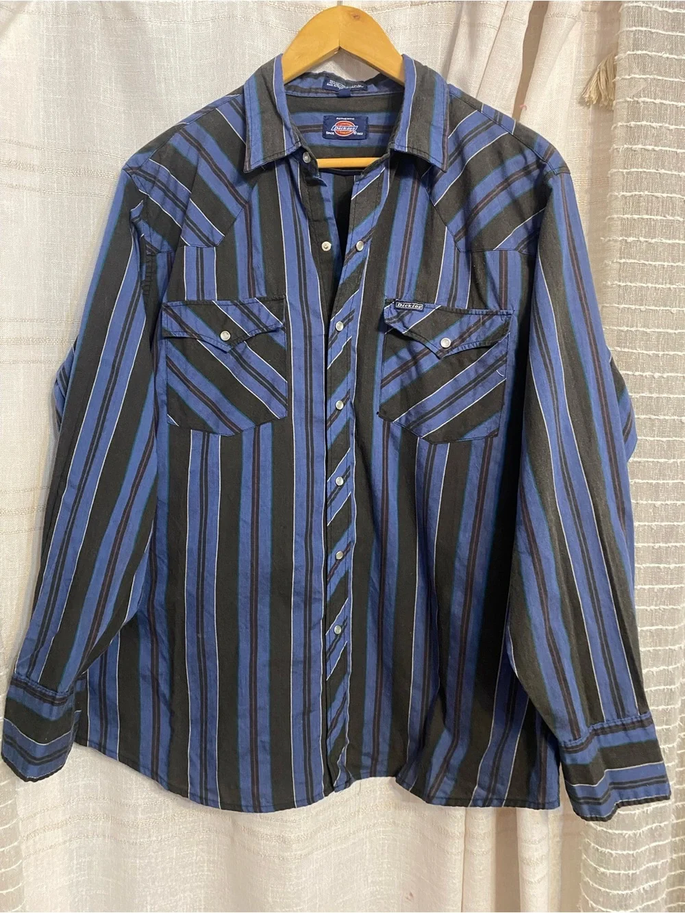 Vintage Dickies Striped Western Pearl Snap Work Shirt Long Sleeve Blue Black